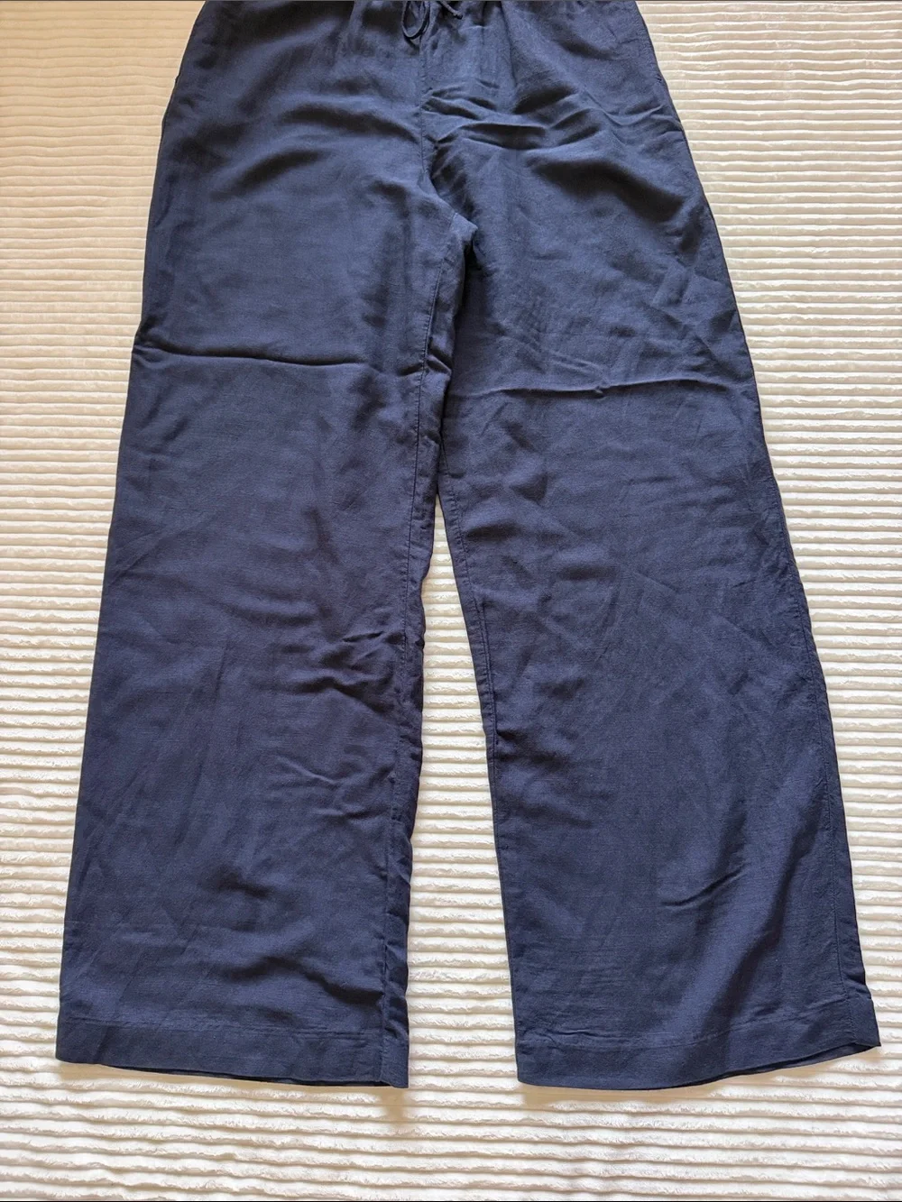 H&M Linen Blend Wide Leg Pants Pockets Drawstring Elastic Airy Flowy Navy S